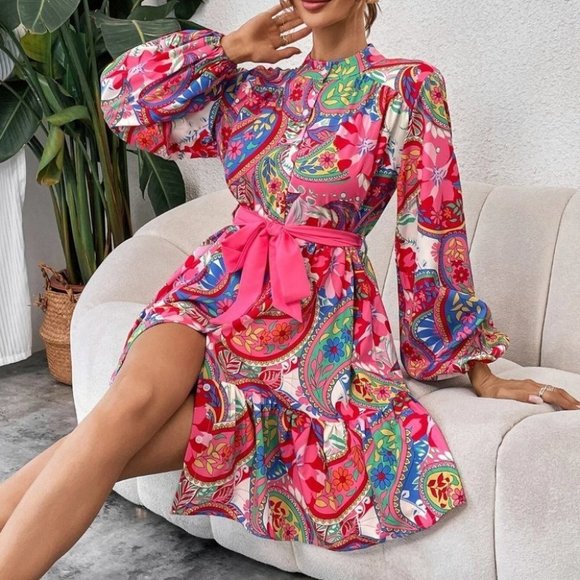 Pink boho Womens Paisley Print  mini Dress - Picture 1 of 5